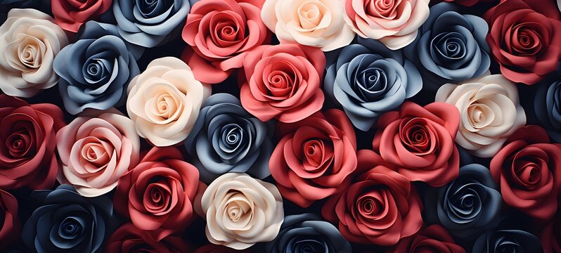 hyper realistic photorealistic distant top-down view of a vast surface densely covered with real roses in a soft mix of red. Generative AI