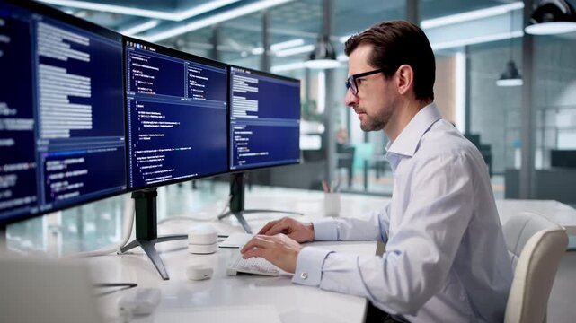 Man Sitting At Desk Typing Code On Computer