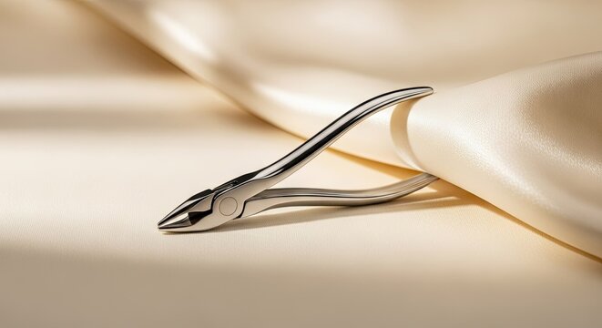 Silver cuticle nippers resting on smooth draped beige silk