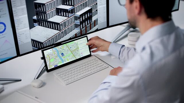 Man Uses Computer To Create Urban Map