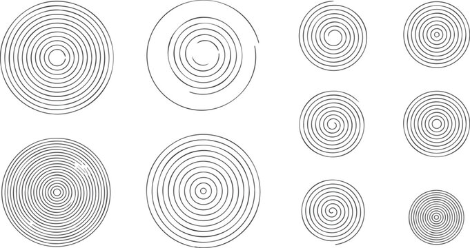 Abstract line art design of concentric circular pattern set with central nested ring and surrounding six evenly spaced geometric circle elements.