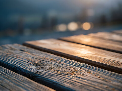 wooden planks of a pier close up with blurred background
