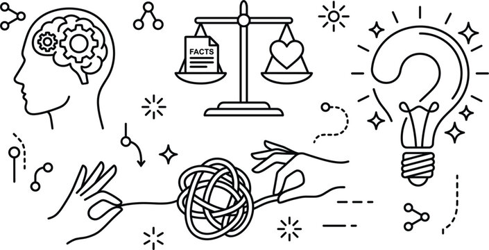 Critical thinking problem solving logic and emotional intelligence line icons set for psychology ethics philosophy and creativity concept