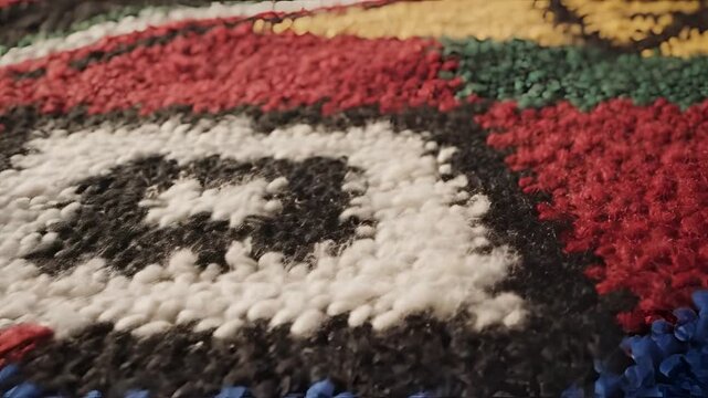 Closeup of a colorful woven rug with geometric patterns.