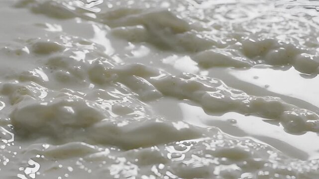 Closeup of Bubbling White Liquid with Light Brown Particles.