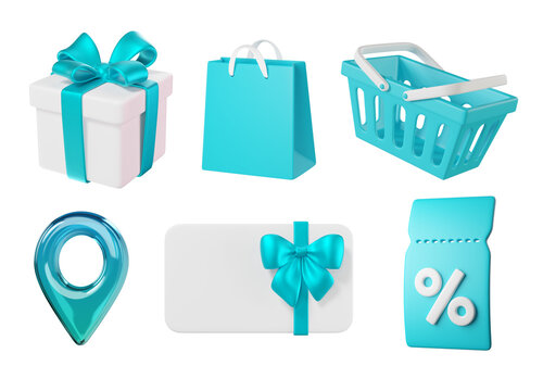 Set of blue turquoise and white 3D shopping icons. Gift box, shopping basket, paper bag, discount badge, map marker, gift card, sale tag, and coupon for commerce, sale, retail, and promotion. 3d rende