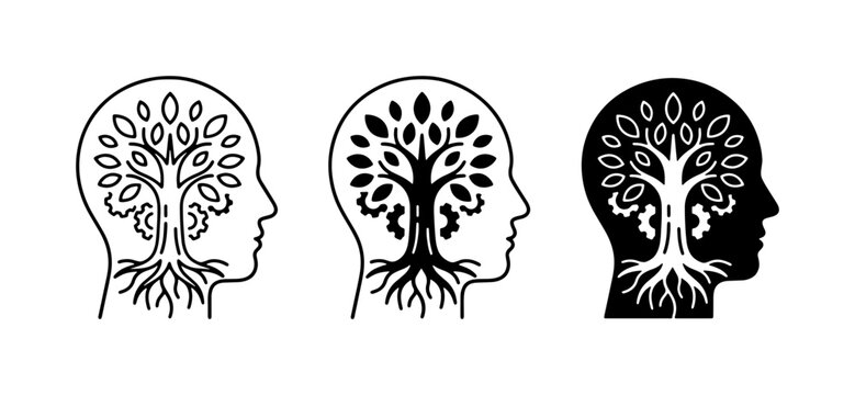 Tree of Life in Head Silhouette, Mind Growth Icons