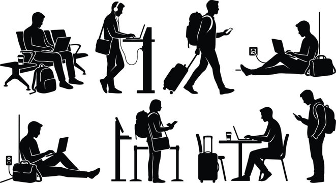 Silhouettes of digital nomads and travelers working on laptops at an airport terminal, charging devices, pulling suitcases, and waiting for flights.