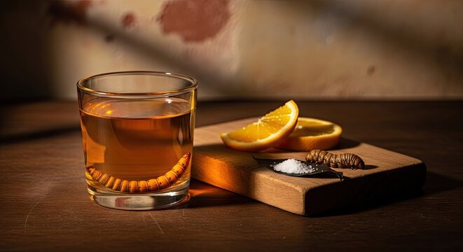 Mezcal shot with worm and orange slices on wood