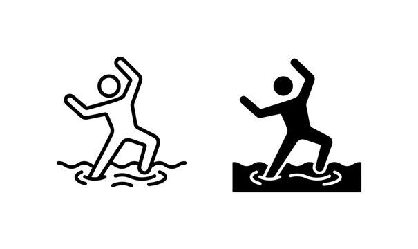 Man Falling, Danger, Water Hazard Icons. Risk, Accident, Warning Symbols.