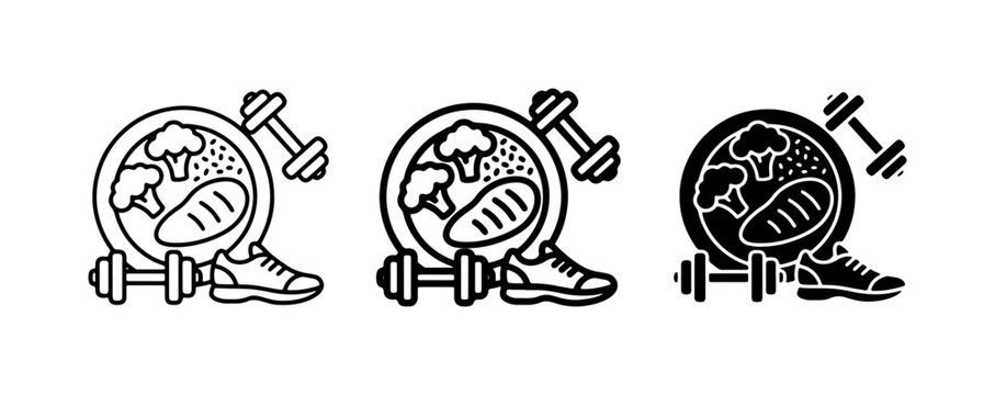 Healthy Lifestyle Icons: Diet Plate, Dumbbells, Running Shoe