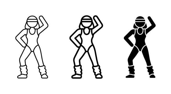 Retro Aerobics Icons, Vintage Fitness Figures, 80s Workout Vector Set