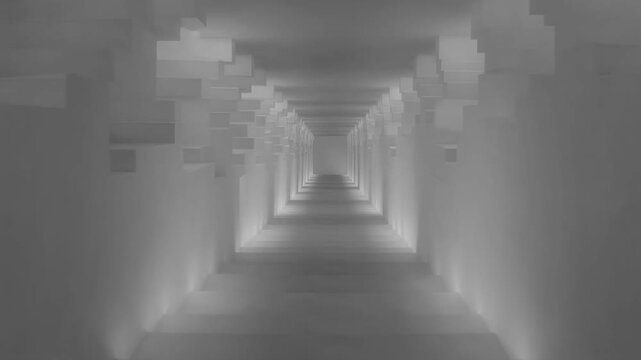 Cinematic Black and White Abstract Hallway Walkthrough Video Perfect for Background Music Looping Architectural Minimalism