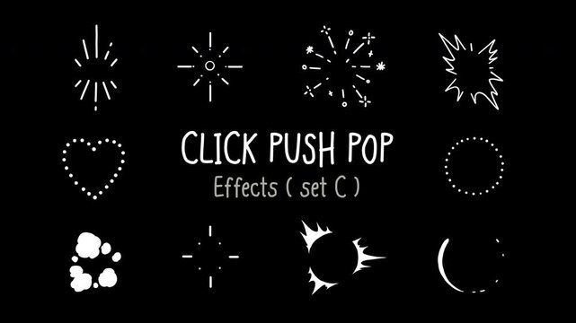 Set C of Click Push Pop Effects - dotted heart, cloud puff, crescent, dotted circle, sparkle cross, hand-drawn animation, alpha channel, transparent background