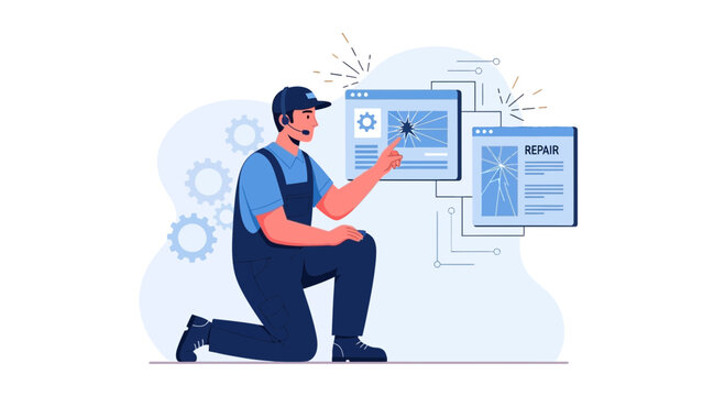 Technician with headset and overalls points to cracked screen on digital interface