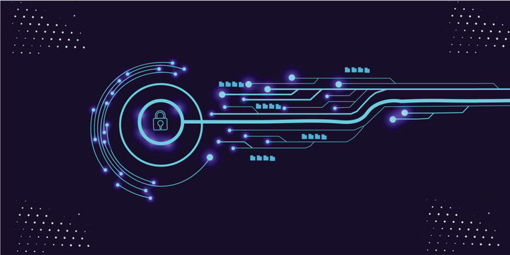 Cyber Security Technology Concept with Digital Lock Icon and Futuristic Neon Circuit Board Network Background Illustration