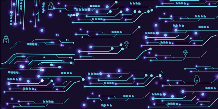 Abstract cyber security technology background with glowing digital circuit lines and padlock icons, futuristic data network protection concept