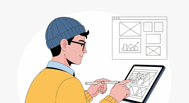 Web designer creating wireframes on tablet | UX UI design concept