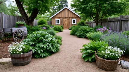 Fototapeta premium Backyard garden path leading to rustic wood shed