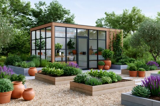 Modern backyard studio glass building surrounded by lush garden