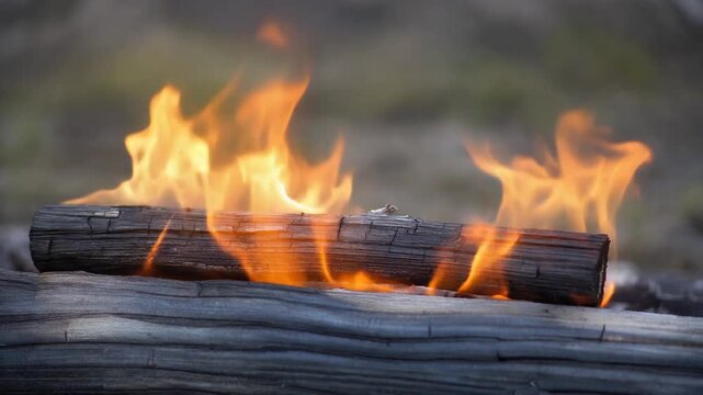 Campfire flames licking charred wooden logs. Bright orange fire burning on dark black wood. Static close up shot of fire outdoors with blurred natural background.