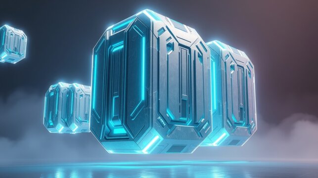 Futuristic blocks spell OUTRO. Glowing neon lines highlight geometric shapes above hazy surface. Dark background emphasizes bright elements.
