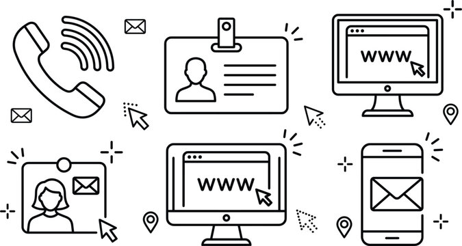Contact us and business communication outline icon set with phone email computer badge and smartphone vector illustration