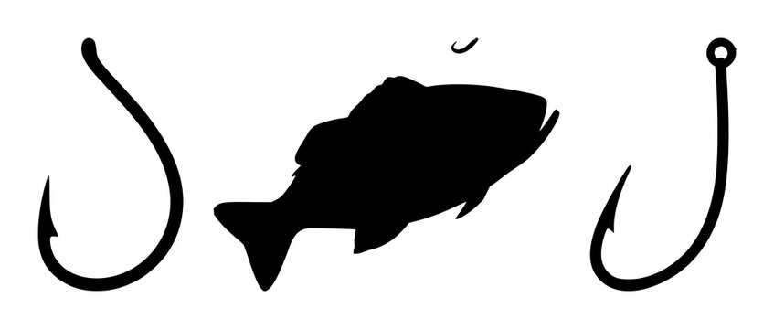 Fish hook set with bold black silhouette on white background featuring fishing, hook, marine design with nautical and line art