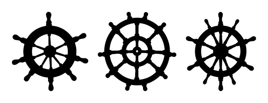 Ship wheel set with bold black silhouette on white background featuring nautical, maritime, navigation with illustration and vector graphics