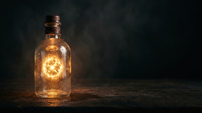 Magical glowing orb of light trapped inside a glass bottle on a dark background