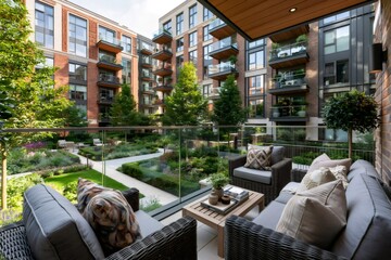 Fototapeta premium Balcony terrace overlooking modern apartment building garden