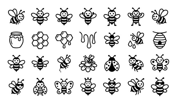 Bee, Honey, Flower and Insect Hand Drawn Doodle Icon Collection Vector Set