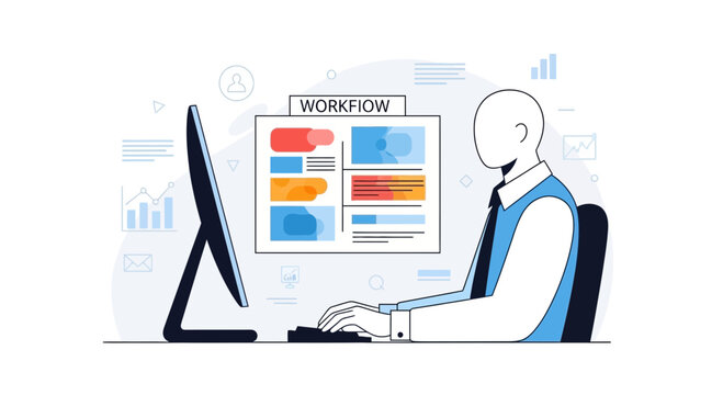 Man working on computer visualizing workflow diagram, process management, business strategy