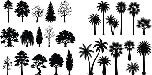 Black silhouettes of various trees and palm trees against white background pine tree oak tree © MDMOHIN