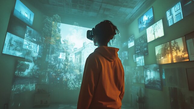 Woman explores virtual reality gallery, headset on