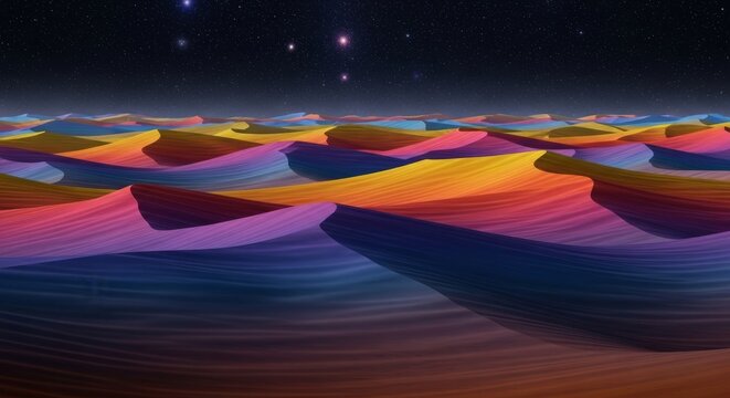 Vibrant alien dunes undulate like liquid silk beneath a star-filled sky, creating a sense of constant motion in a dry, otherworldly desert, light, science fiction, celestial