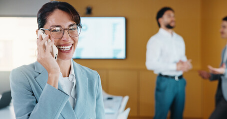 Fototapeta premium Phone call, laugh and businesswoman in office with communication for finance negotiation. Cellphone, happy and female financial manager on mobile discussion for investment proposal in workplace.