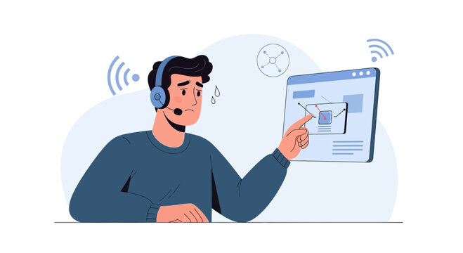 Stressed Call Center Agent With Technical Problem on Screen