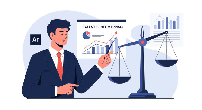 Talent benchmarking in business with scales and analytics chart