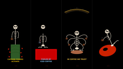 Fototapeta premium Skeleton Character Energized by Coffee Consumption on Black Background