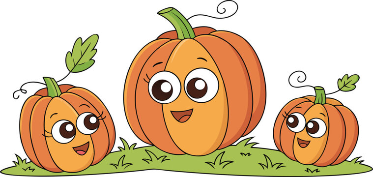 Cute cartoon pumpkin family with happy faces on a green grass patch