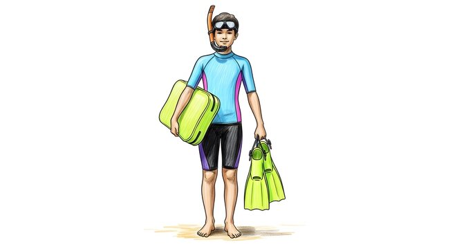 Smiling snorkeler holding gear ready for beach diving adventure.