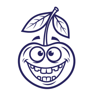 Happy smiling cherry character with grinning teeth big eyes stem leaves illustration white background purple outline line art summer fruit food art character