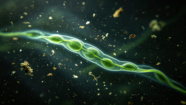 Dark-field micrographs of cyanobacteria in natural water samples reveal scattered fragments of the natural sample, natural filamentous curvature, and cell separation.