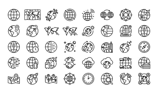 Globe Line Icon Set Featuring Earth World Planet and Global Connectivity Symbols