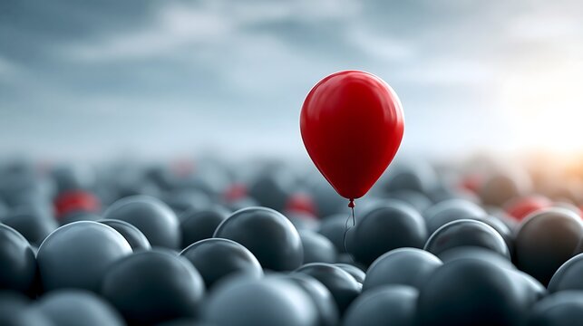 Schwebender roter Ballon zwischen grauen Kugeln als Symbol f&uuml;r Freiheit und Individualit&auml;t