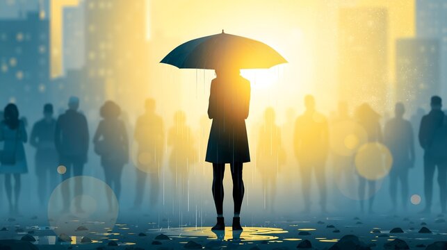 Einsame Person mit Regenschirm in unscharfer Menschenmenge bei Regen
