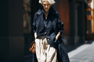 Naklejka premium Senior woman with grey hair walking confidently in urban street fashion
