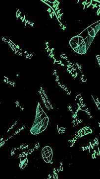 green trippy 3d math overlay background with formulas like pythagoras and a2b2 is c2, green chalkboard psychedelic science animation in 3d layers.