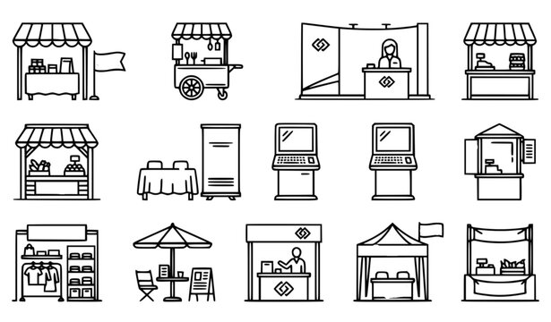 Sales booth symbol black outline icon set vector illustration